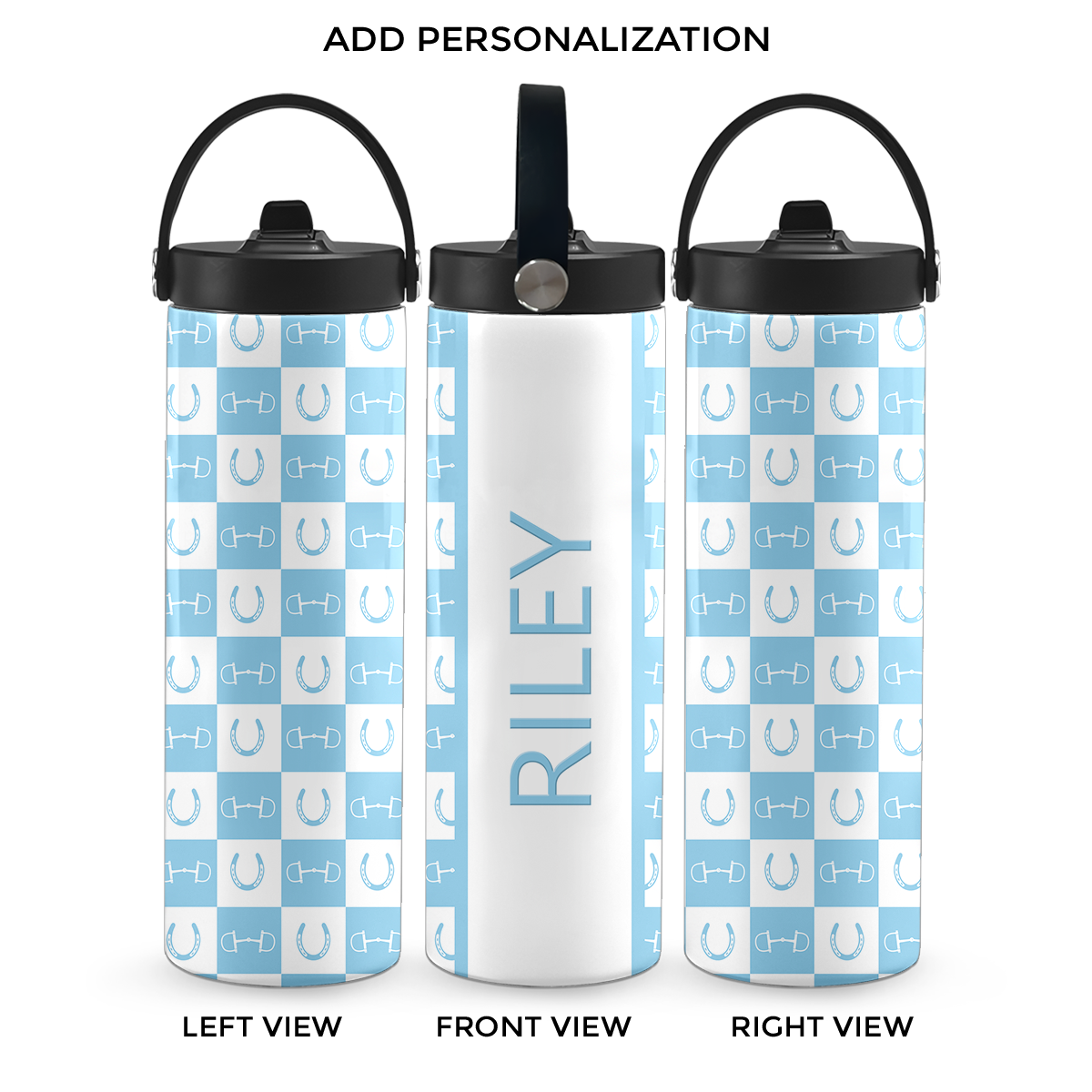 Light Blue Equestrian Checkered 20 oz Aluminum Water Bottle